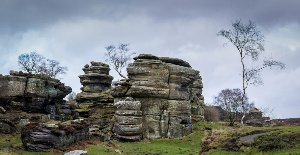 Grit rock outcrop at historical Brimham rocks in Yorkshire