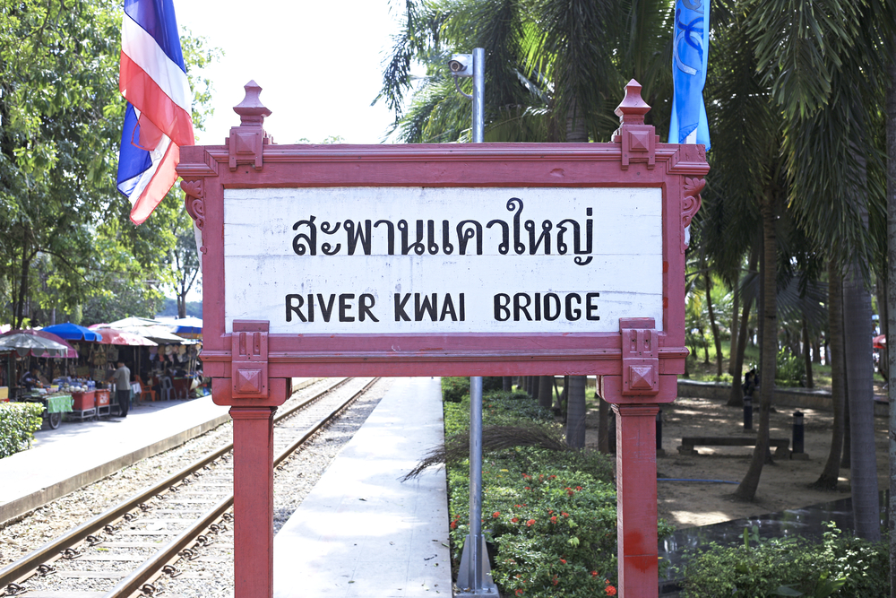 River Kwai bridge railway station sign, Kanchanaburi