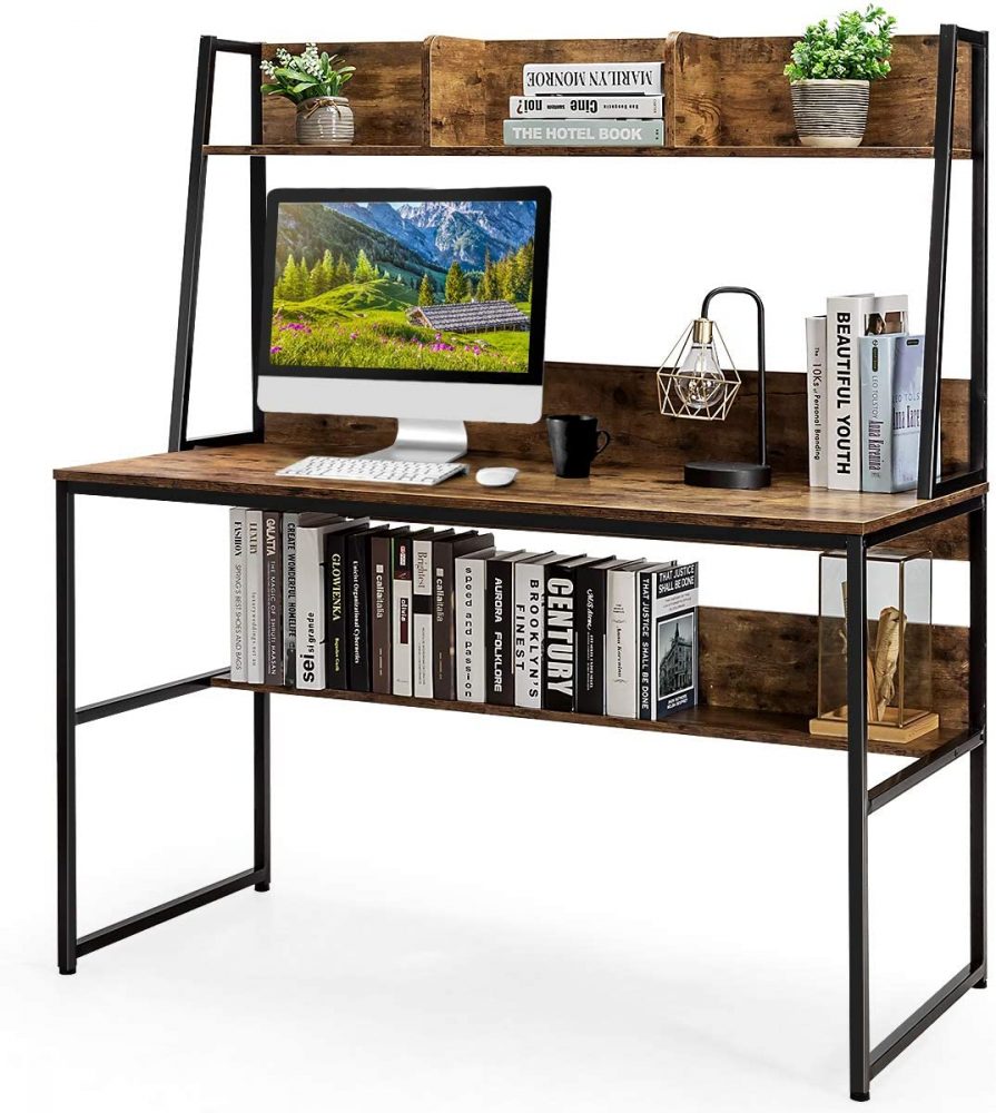 desk with bookshelves